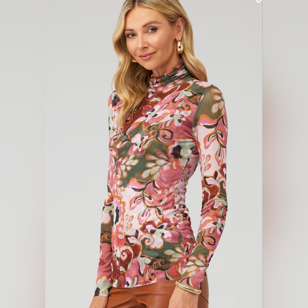 Misa Los Angeles Nadja Pink Floral Mesh Fitted Turtleneck Long Sleeve Blouse - Picture 7 of 12